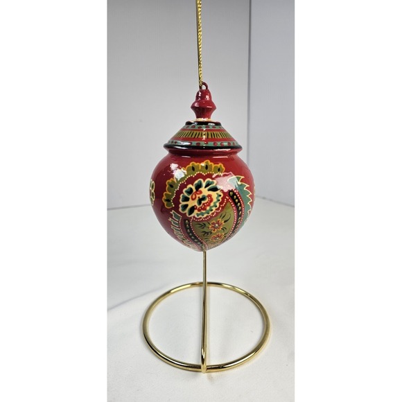 The Unbranded Brand Other - Hand Painted Wooden Christmas Ornament Red Paisley Floral